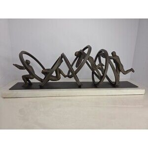 Jumping Through Hoops Patina Iron & Marble Sculpture 6 1/2" H x 19" W x 6" D MCM